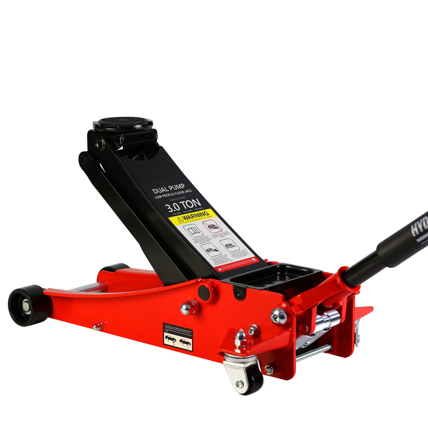 Ultra-Low Profile Dual Piston Hydraulic Car Jack, Red and Black, 3 Ton Capacity, Lifting Range 3.3-19.7