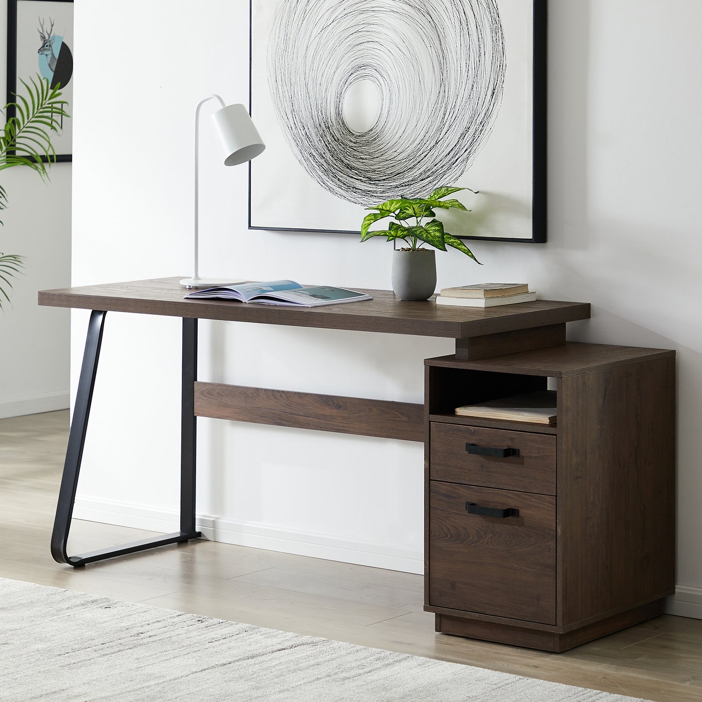 65-Inch Brown Writing Desk with File Cabinet and Drawer Storage