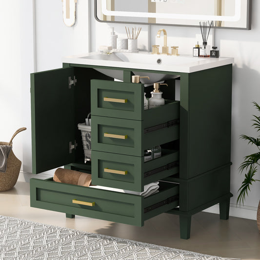 30" Bathroom Vanity in Green, Modern Bathroom Cabinet with Sink Combo Set, Bathroom Storage Cabinet with a Soft Closing Door and 3 Drawers, Solid Wood Frame