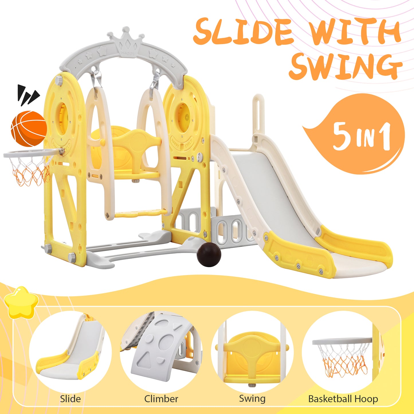 Toddler Slide and Swing Set 5 in 1, Kids Playground Climber Slide Playset with Basketball Hoop Freestanding Combination for Babies Indoor & Outdoor