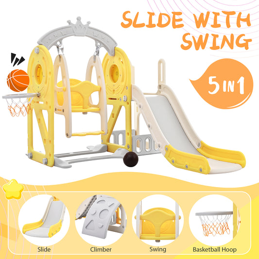 Toddler Slide and Swing Set 5 in 1, Kids Playground Climber Slide Playset with Basketball Hoop Freestanding Combination for Babies Indoor & Outdoor