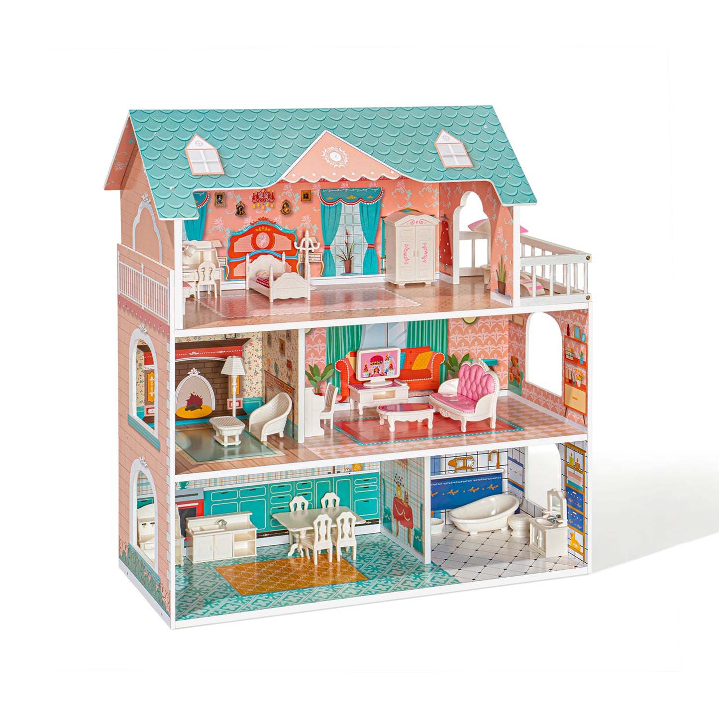 Colorful Modern Wooden Dollhouse with 28 Accessories for Kids 3+