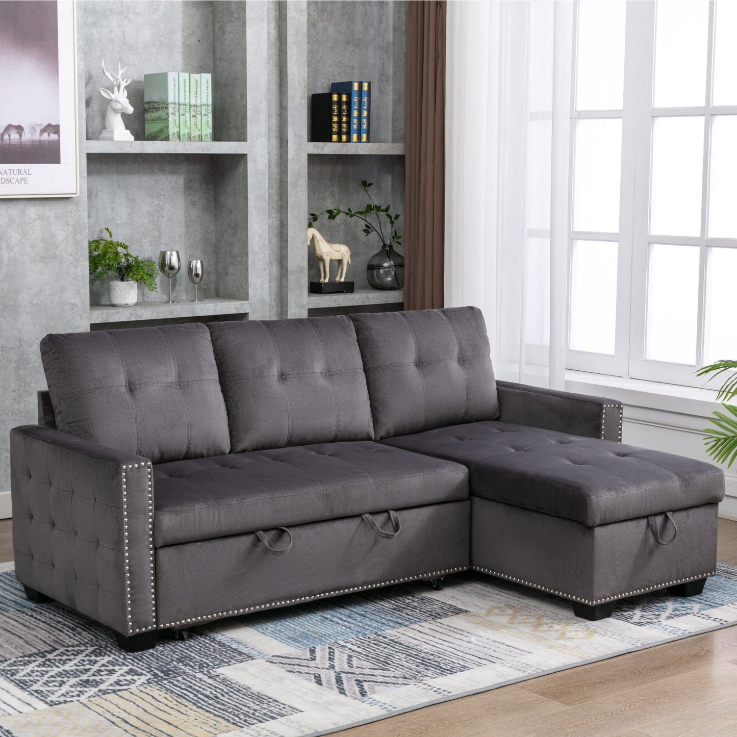 Luxurious Dark Grey Velvet L-Shape Sleeper Sectional Sofa Bed with Storage