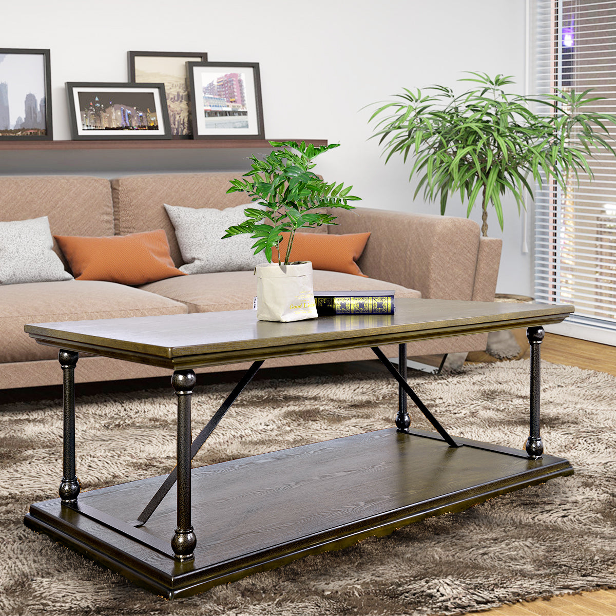 Brown and Black Country Style Coffee Table with Bottom Shelf - 47.2 W X 23.6 D X 16.9 H