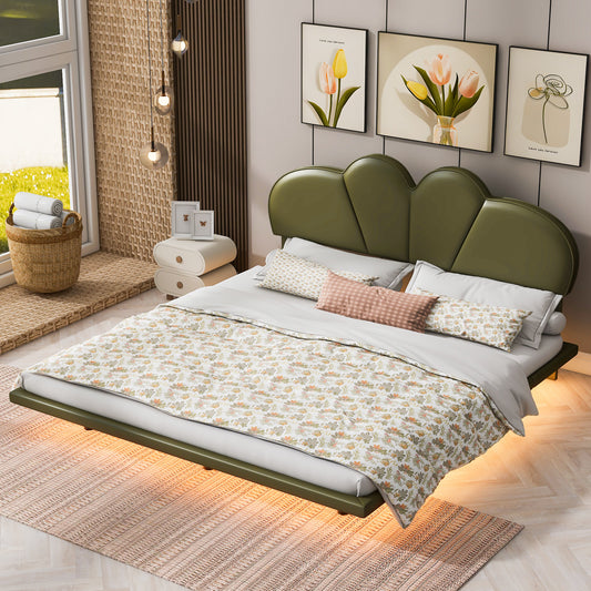 Queen Size Upholstery LED Floating Bed with PU Leather Headboard and Support Legs,Green