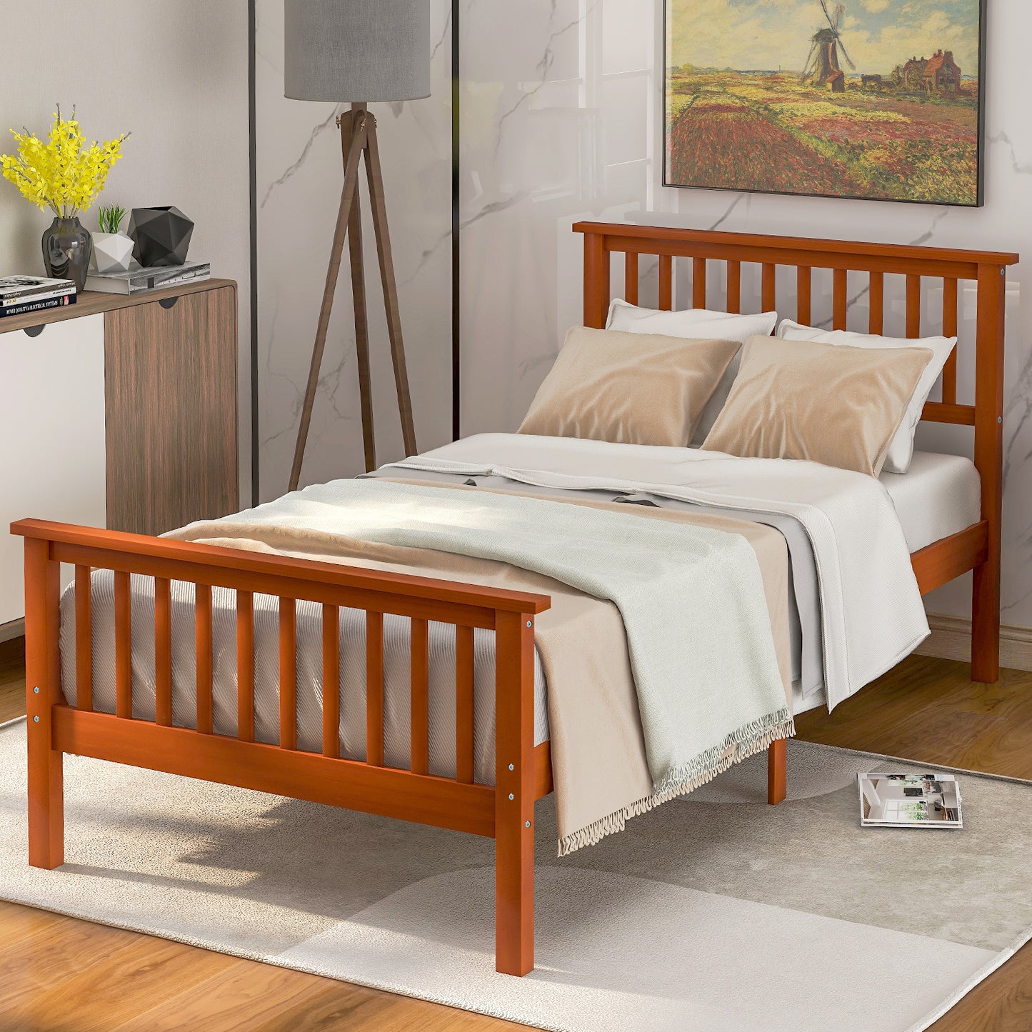 Wood Platform Bed with Headboard and Footboard (Oak)