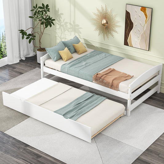 Twin Size Platform Bed with Twin Size Trundle, White(Expected Arrival Time: 1.7)