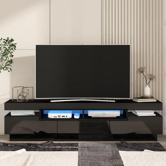 Sleek Black TV Stand with LED Lighting and Multi-Storage Options for 75 Inch TV