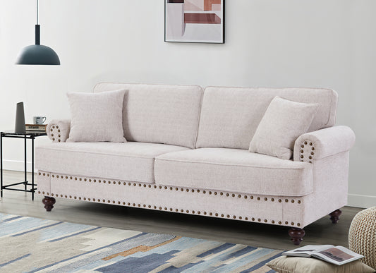 82 White Chenille Upholstered 2 Seater Sofa with Nails and Armrests