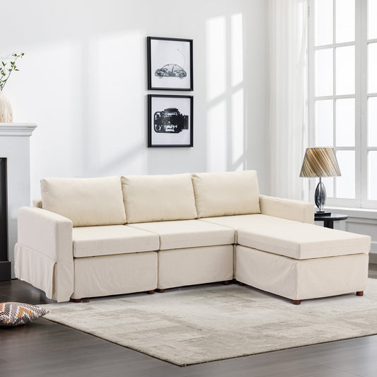 Cream Linen 3-Seat Modular Sectional Sofa Set with Ottoman