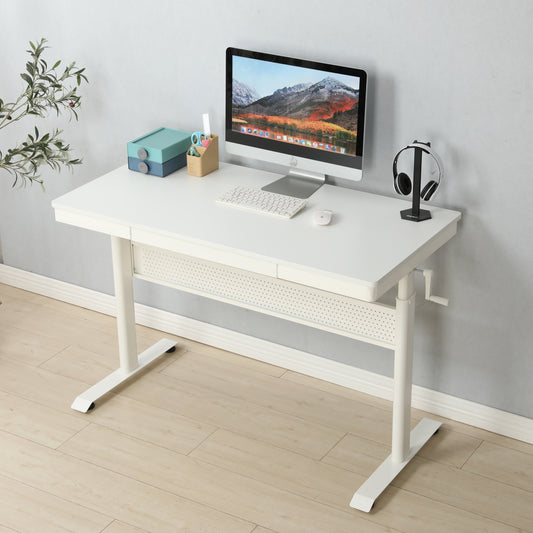 Adjustable Height White Standing Desk with Metal Drawer