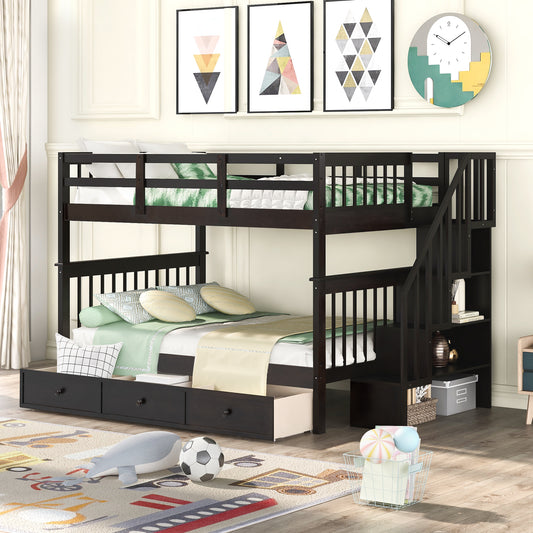 Espresso Wooden Staircase Bunk Bed with Storage and Drawer