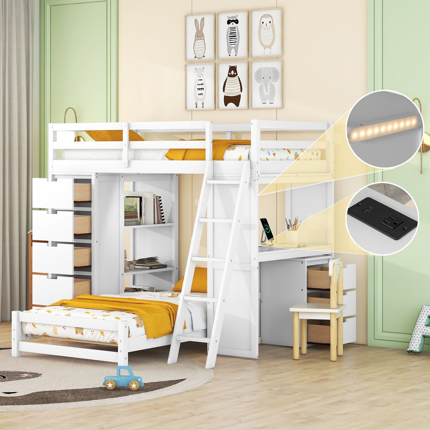 White Twin Bunk Bed with LED Light, USB Ports, and Storage Options