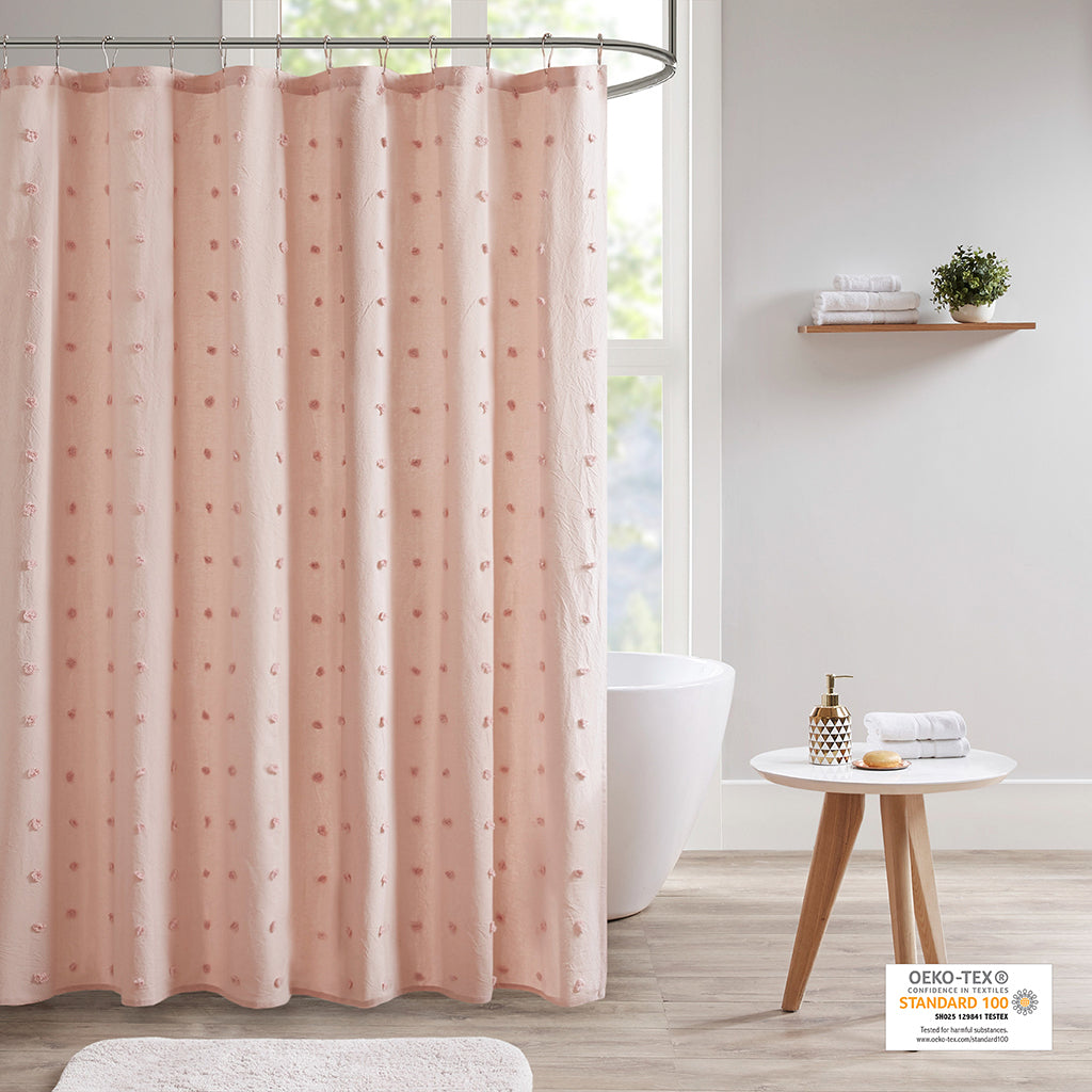 Soft Pink Pom Pom Jacquard Shower Curtain from Brooklyn Cotton