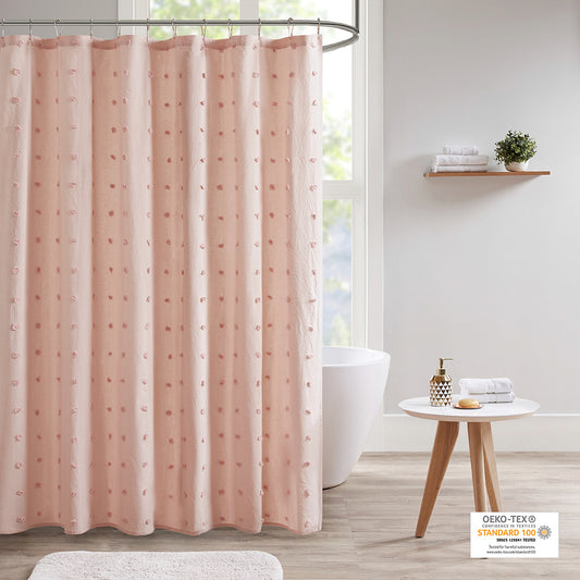 Soft Pink Pom Pom Jacquard Shower Curtain from Brooklyn Cotton