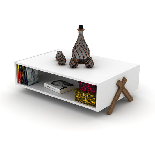 HT Design Kipp Modern Wooden Coffee Table with Cross Legs and Interior Storage Shelf