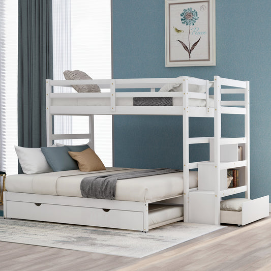 Convertible Storage Bunk Bed with Trundle, Stairs, and Versatile Design (White)