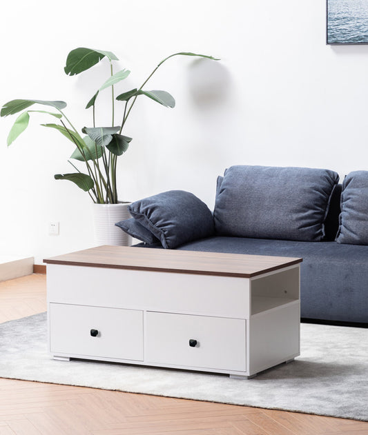 Luna White Coffee Table with Walnut Finish Lift Top, 2 Drawers, and 2 Shelves for Stylish Organization