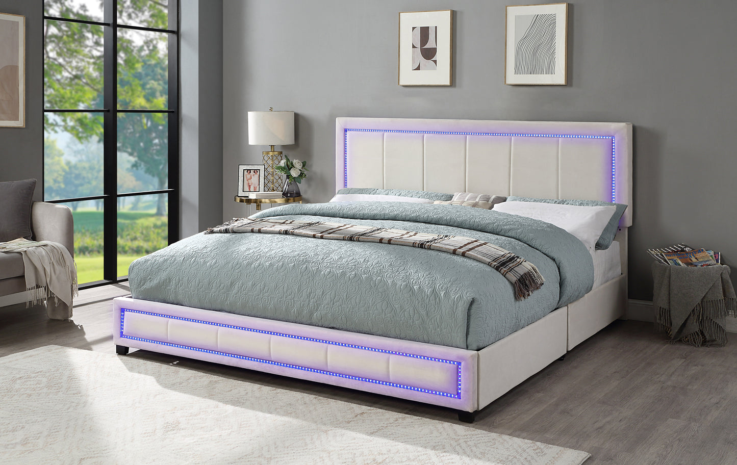 Upholstered Eastern King Size Platform Bed with LED Lights, Storage Bed with 4 Drawers, Beige color fabric