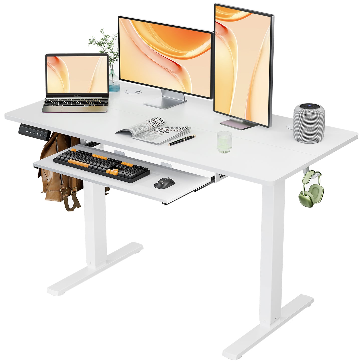 Electric Adjustable Standing Desk with Keyboard Tray, 48 x 24 Inches - White