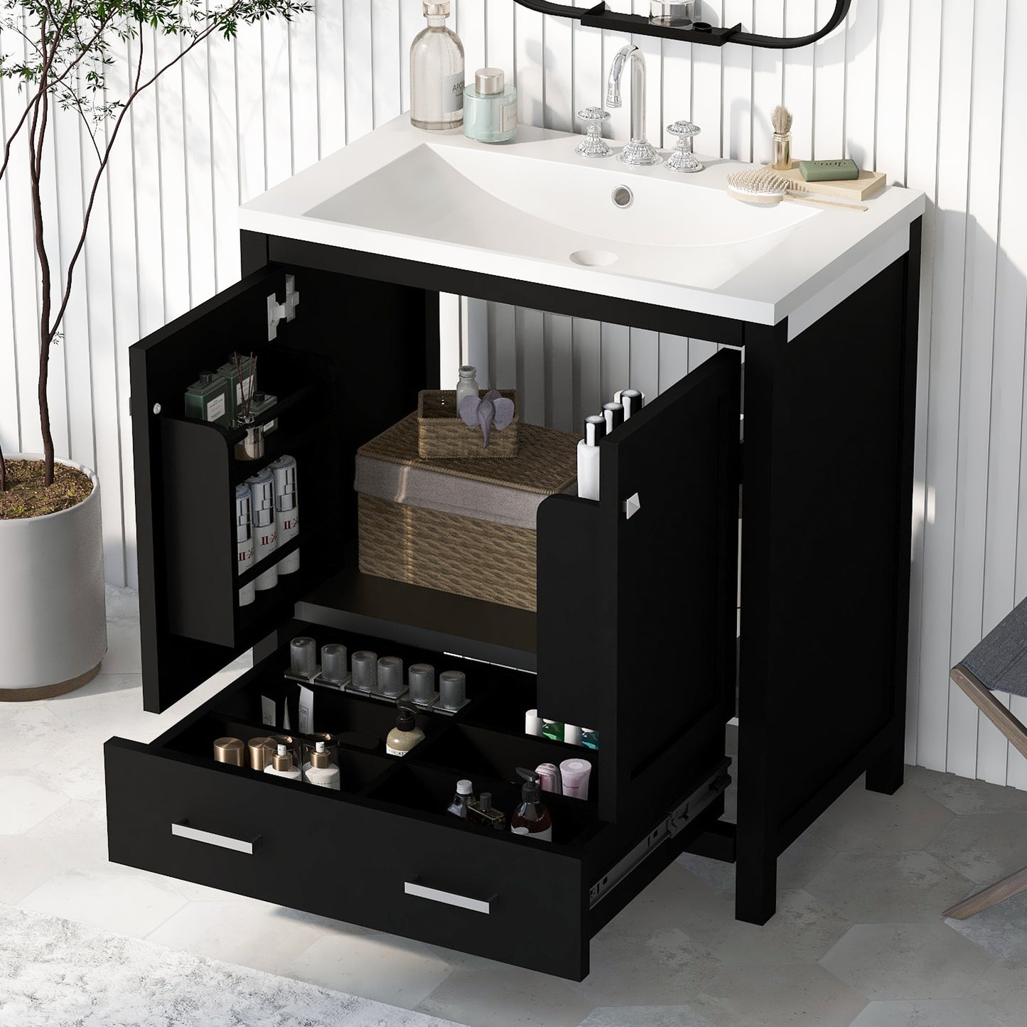 30" Black Bathroom Vanity with Single Sink, Combo Cabinet Undermount Sink, Bathroom Storage Cabinet with 2 Doors and a Drawer, Soft Closing, Multifunctional Storage, Solid Wood Frame