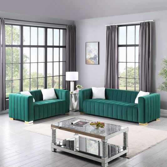 Chesterfield Inspired Dark Green Velvet Sofa Set with 3 Seater and Loveseat