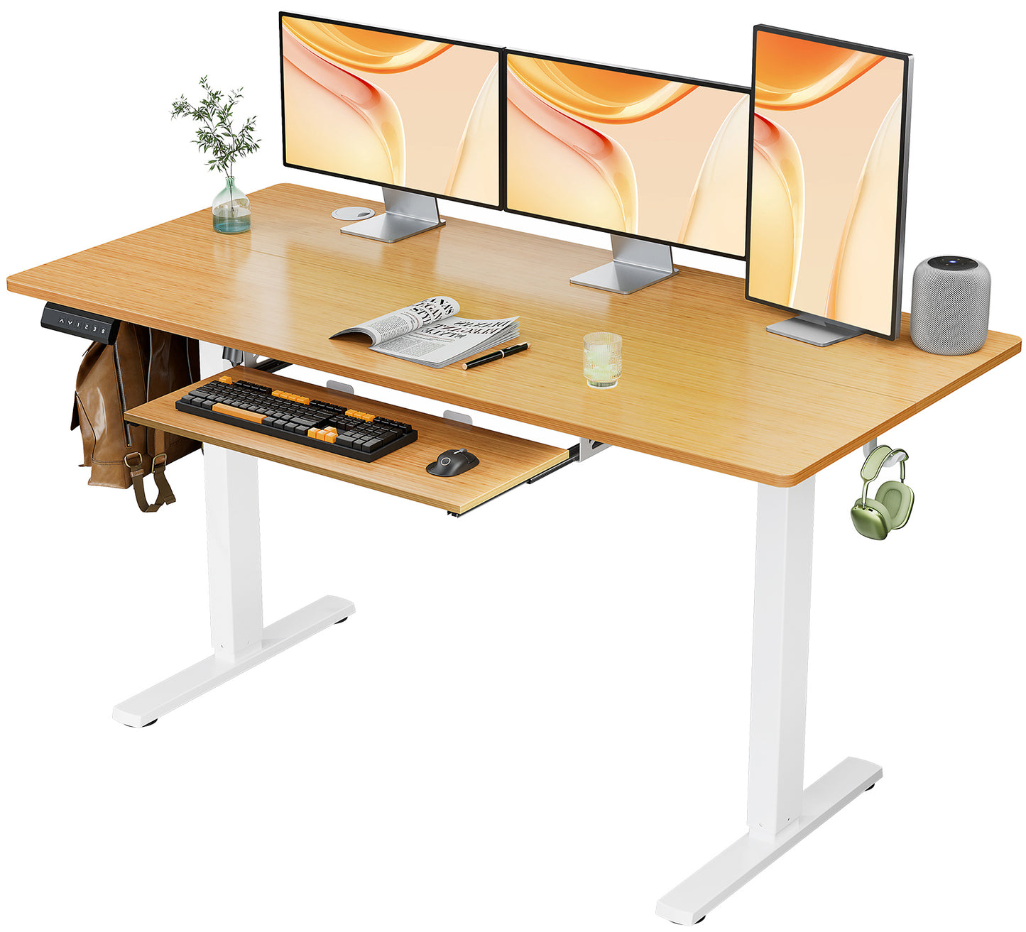 Electric Sit-Stand Desk with Keyboard Tray - Adjustable Height, Natural Wood and Metal Frame, 55 x 24 Inches