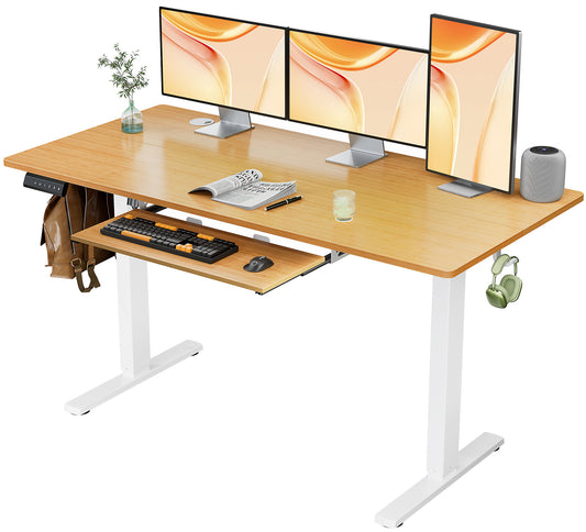 Electric Sit-Stand Desk with Keyboard Tray - Adjustable Height, Natural Wood and Metal Frame, 55 x 24 Inches