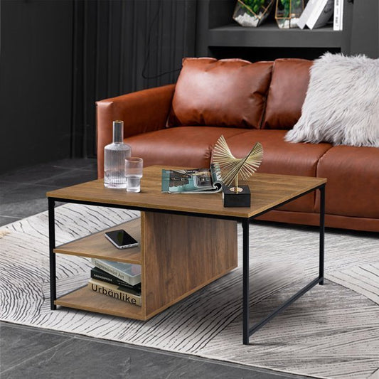 Vintage Wooden Coffee Table with Metal Frame and Storage Compartments