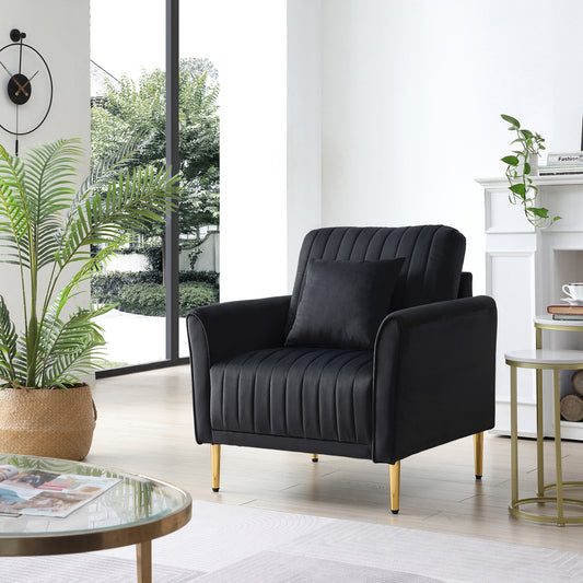 Modern Black Velvet Accent Chair Upholstered Living Room Arm Chairs Comfy Single Sofa Chair