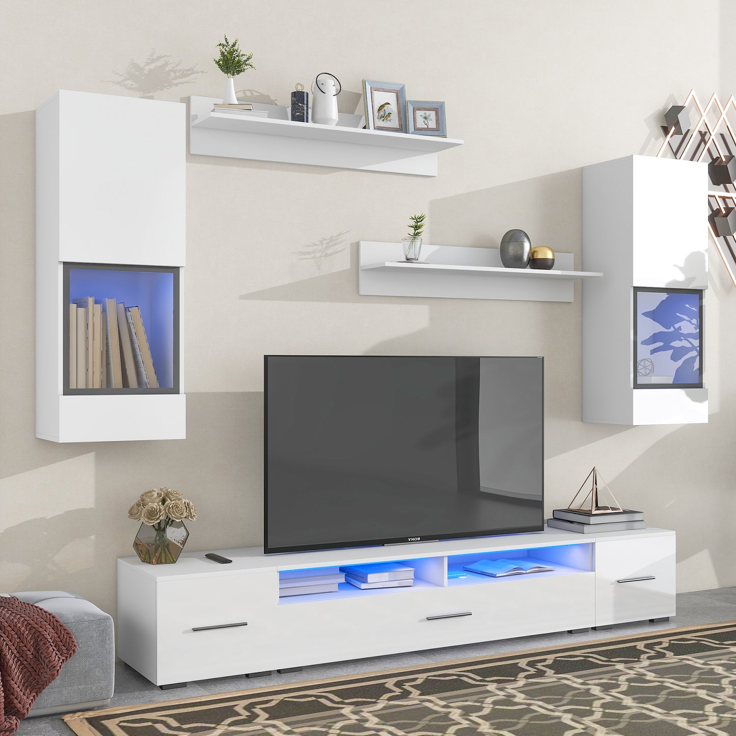 Elegant White Floating TV Stand Set with LED Lights - Versatile Minimalist Entertainment Center for Large TVs