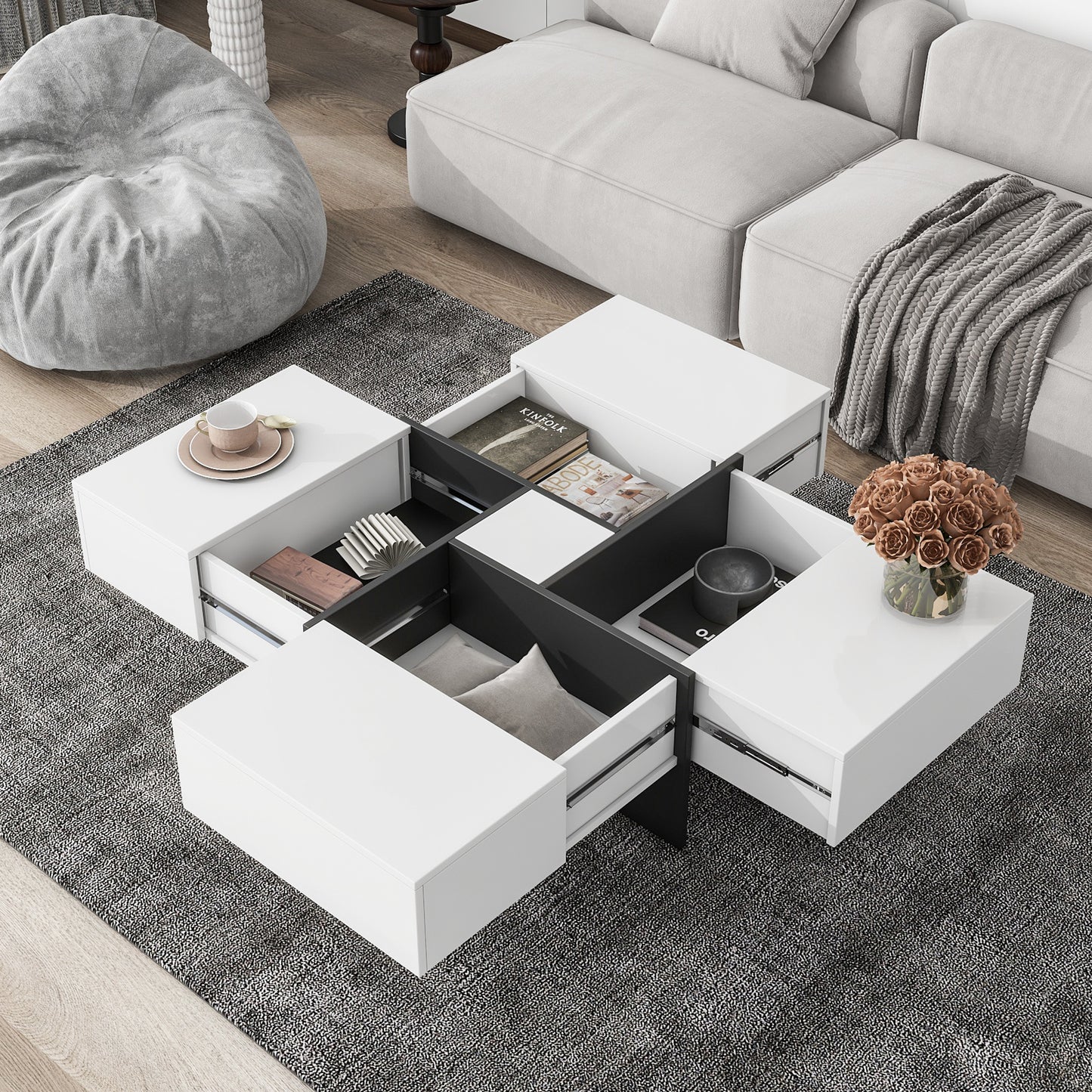 Innovative Extendable Coffee Table with Hidden Storage Compartments and Puzzle-like Design, High-gloss Center Table for Living Room, 31.5x 31.5