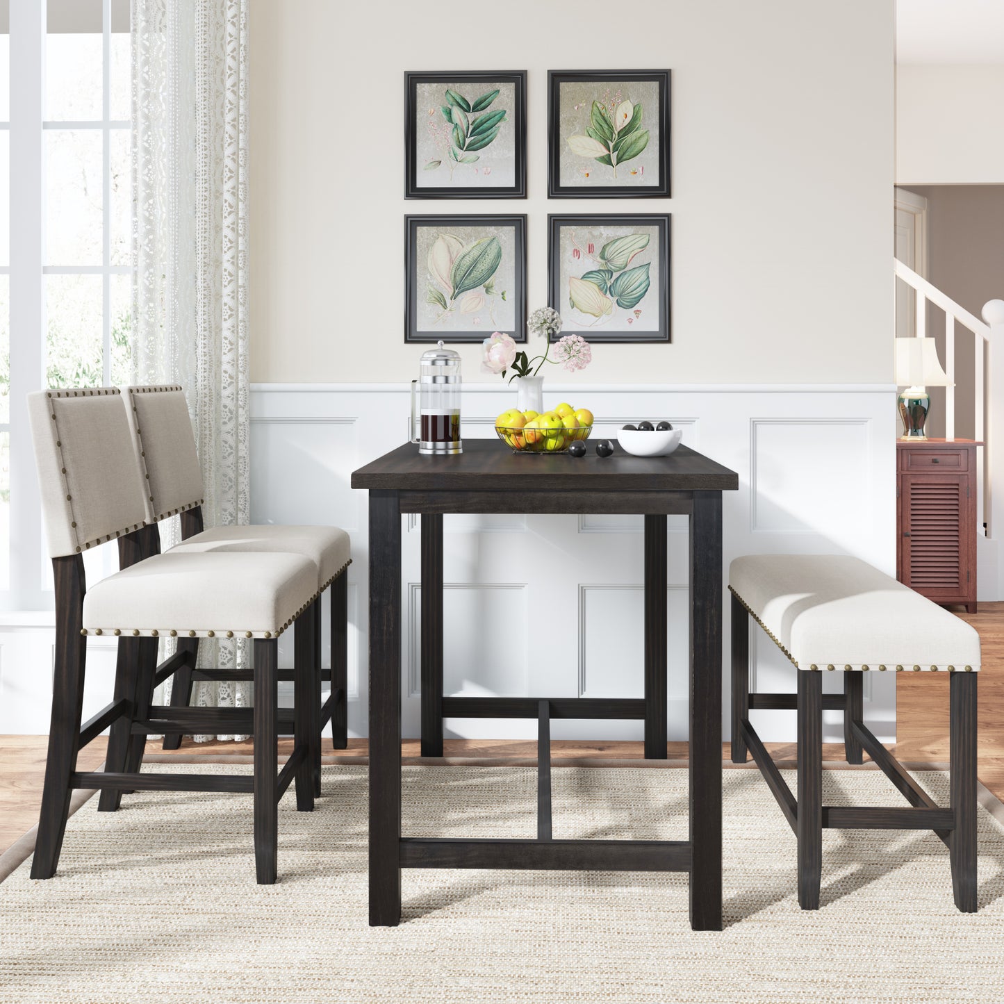 4 Piece Rustic Wooden Counter Height Dining Table Set with Upholstered Bench for Small Places, Espresso+ Beige