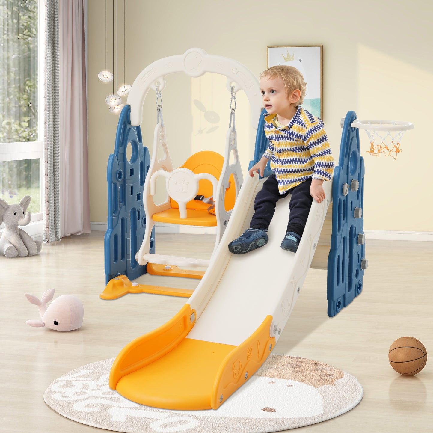 4-in-1 Toddler Playground Climber, Slide, Swing Set with Basketball Hoop