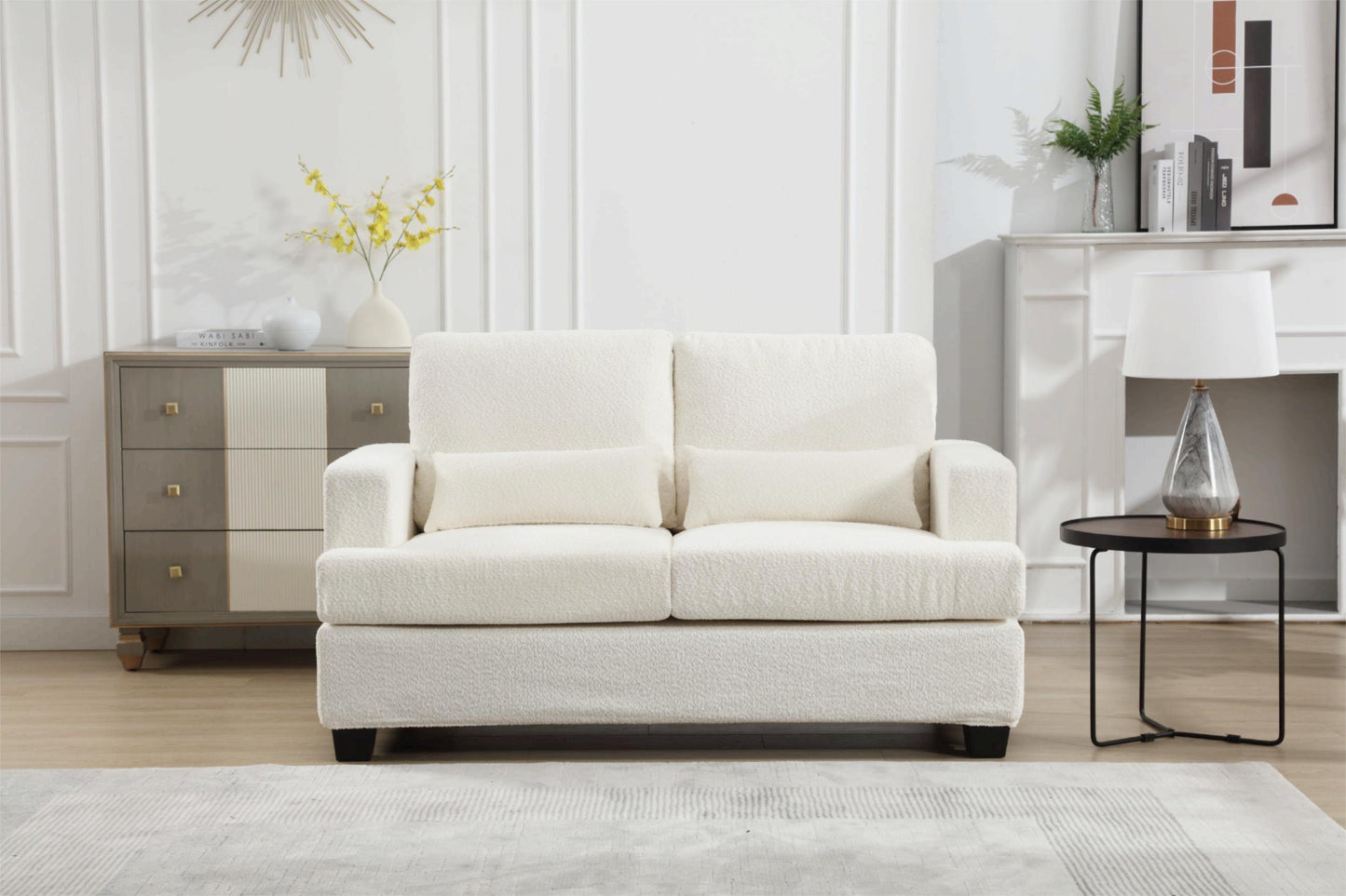 Modern 63 Loveseat for Living Room with Square Armrest and Removable Cushion Set (White & Gray Fabric)