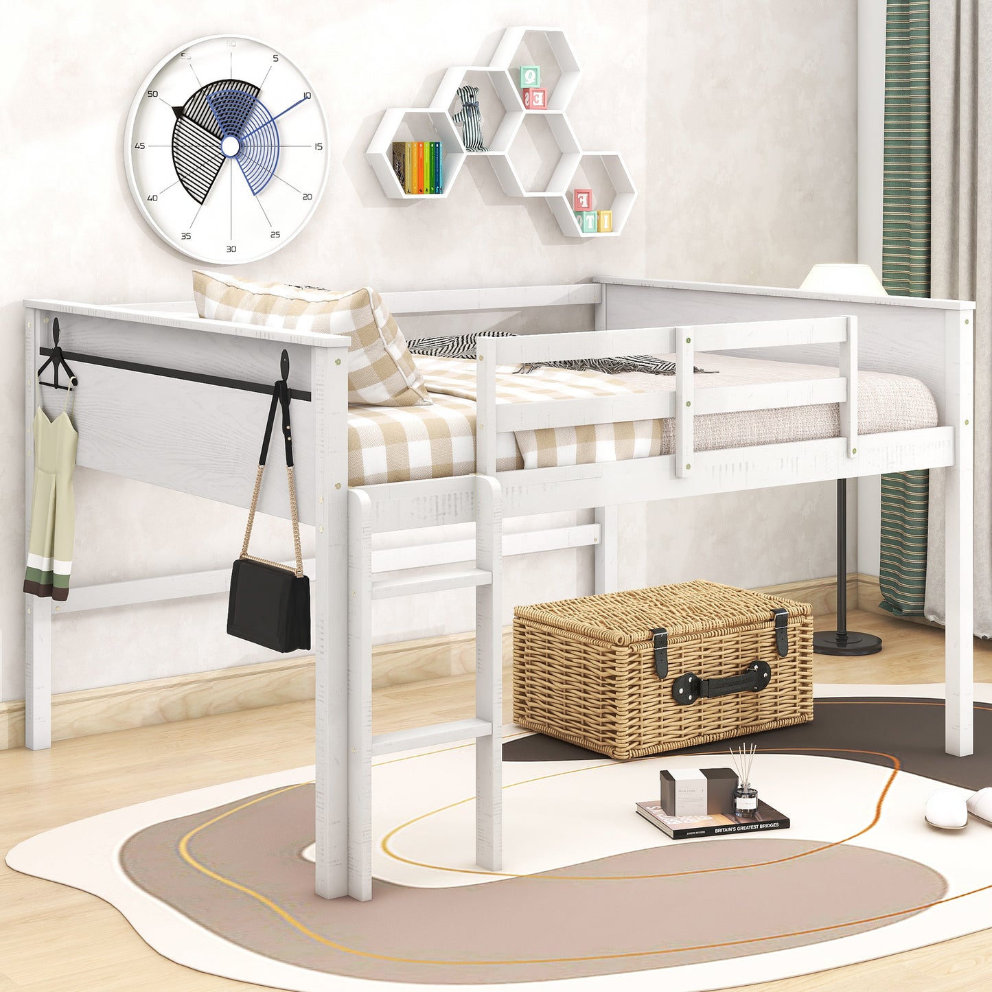 Wood Full Size Loft Bed with Hanging Clothes Racks, White