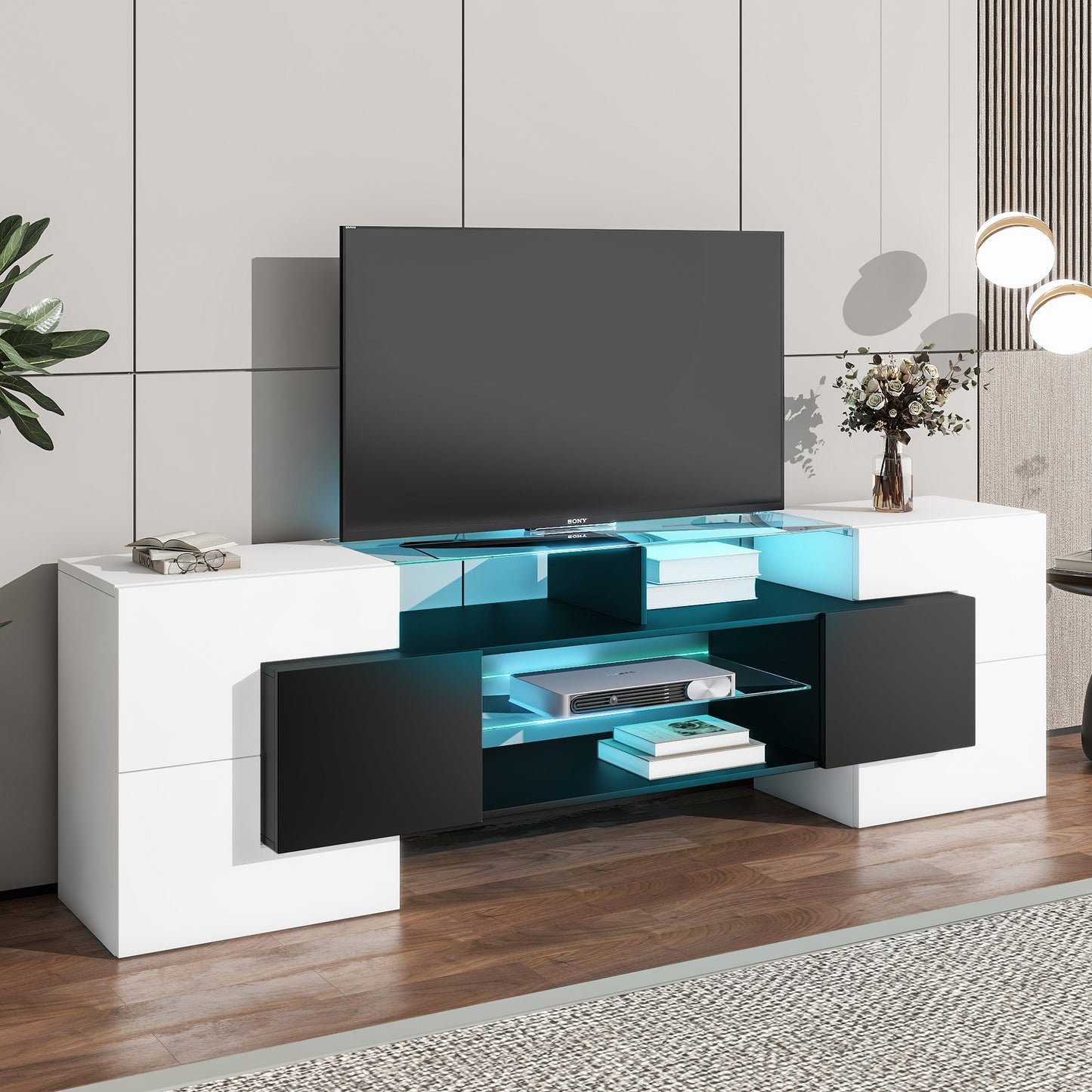 Innovative LED Glass TV Stand with High Gloss Finish and Versatile Storage Options