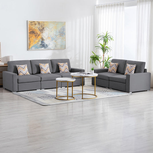 Nolan Gray Linen Fabric Sofa and Loveseat Living Room Set with Pillows and Interchangeable Legs