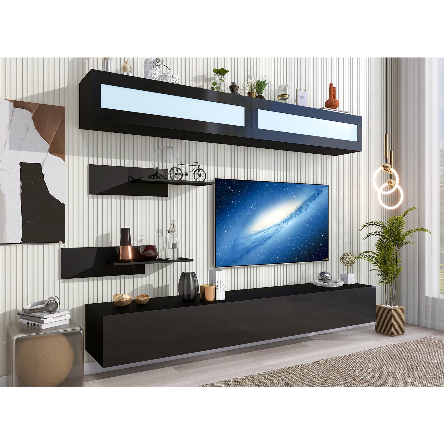 Modern Black Wall Mount Floating TV Stand with LED Lights and Media Storage