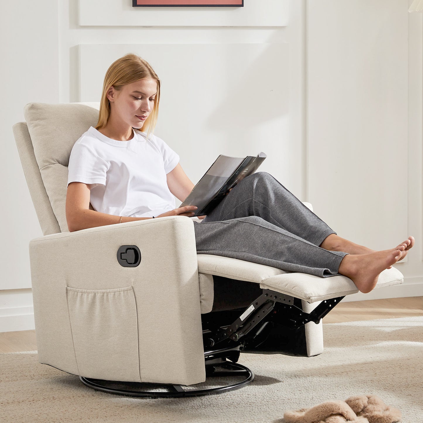 Adjustable Beige Recliner Chair with Massage and Heating Functions