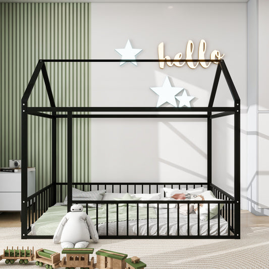 Twin Size Metal Bed House Bed Frame with Fence, for Kids, Teens, Girls, Boys, Black