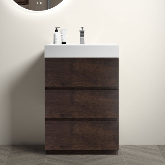 Alice 24" Walnut Bathroom Vanity with Sink, Large Storage Freestanding Bathroom Vanity for Modern Bathroom, One-Piece White Sink Basin without Drain and Faucet