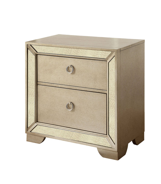 Glam Champagne Gray Finish 1pc Nightstand Antique Mirror Panels Ring Pull Handles Bedroom Furniture