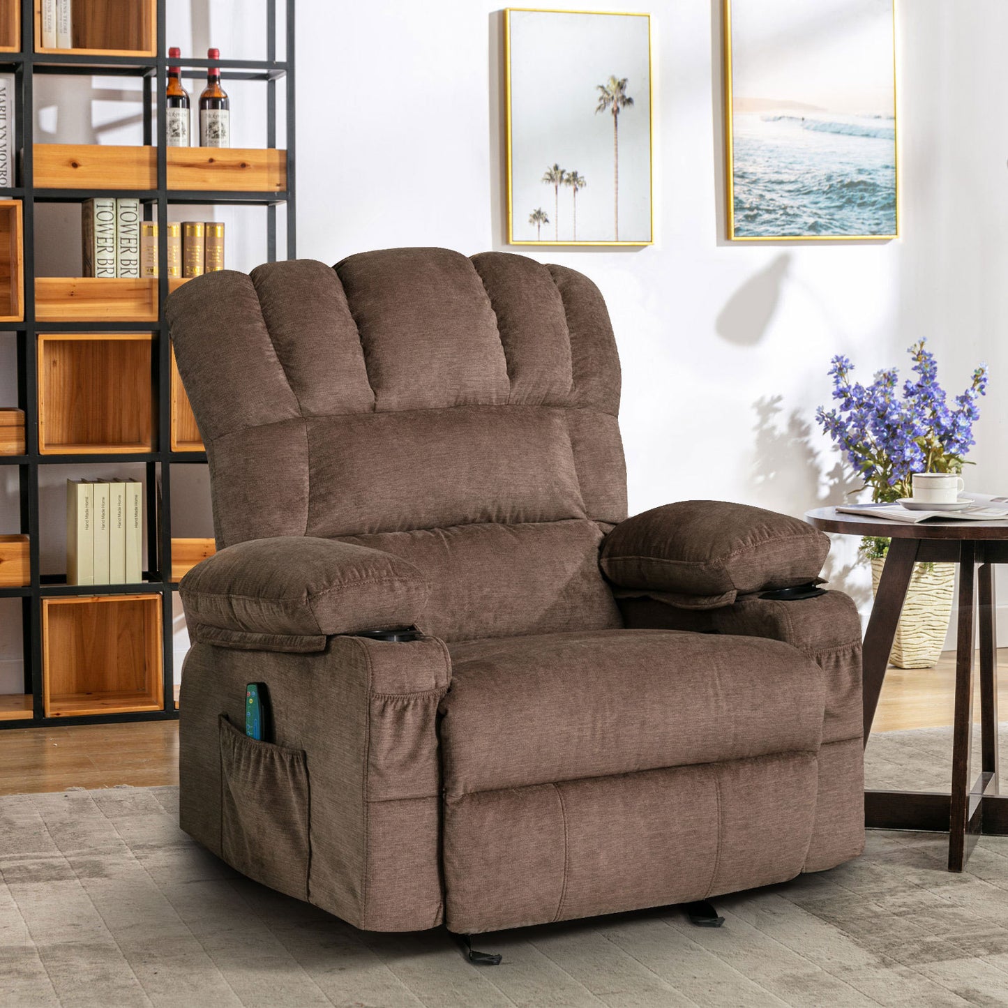 Massage and Heating Brown Recliner Chair with USB and Cup Holders