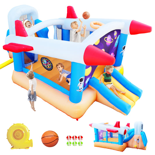 6-in-1 Multicolored Outdoor and Indoor Inflatable Bounce House for Kids with Target Ball, Basketball, and Slide, Including Blower