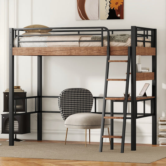 Metal Twin Size Loft Bed with Built-in Desk, Storage Shelf and Ladder, Black