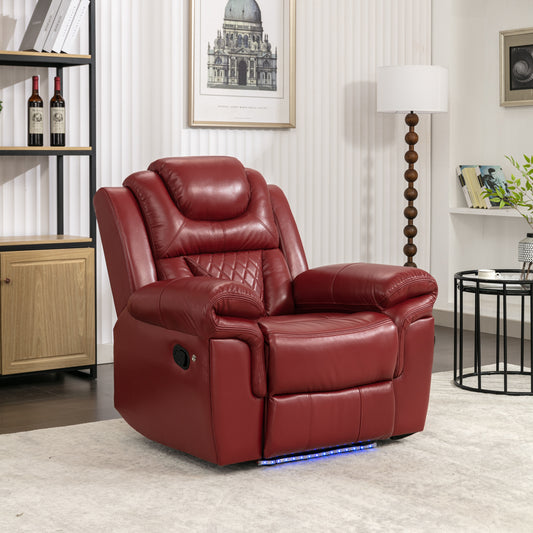 Luxurious LED-Lit Red Leather Manual Recliner Chair for Home Theater