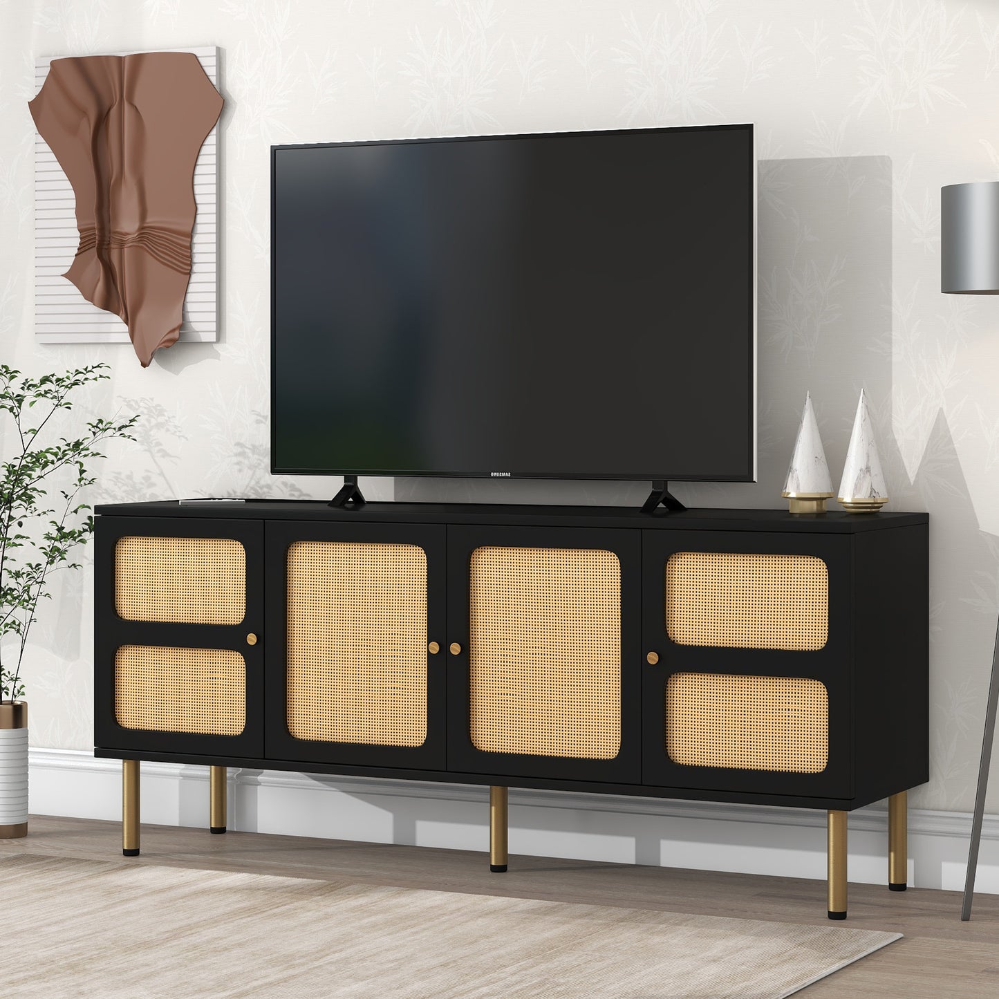 Elegant Country Style TV Stand with Rattan Door and Gold Metal Base