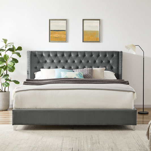 B100S King bed, Button designed Headboard,strong wooden slats + metal legs with Electroplate