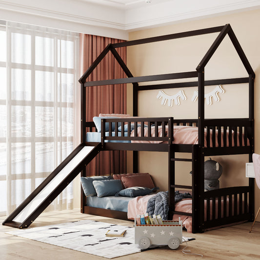 Playhouse Bunk Bed with Slide in Espresso Tone